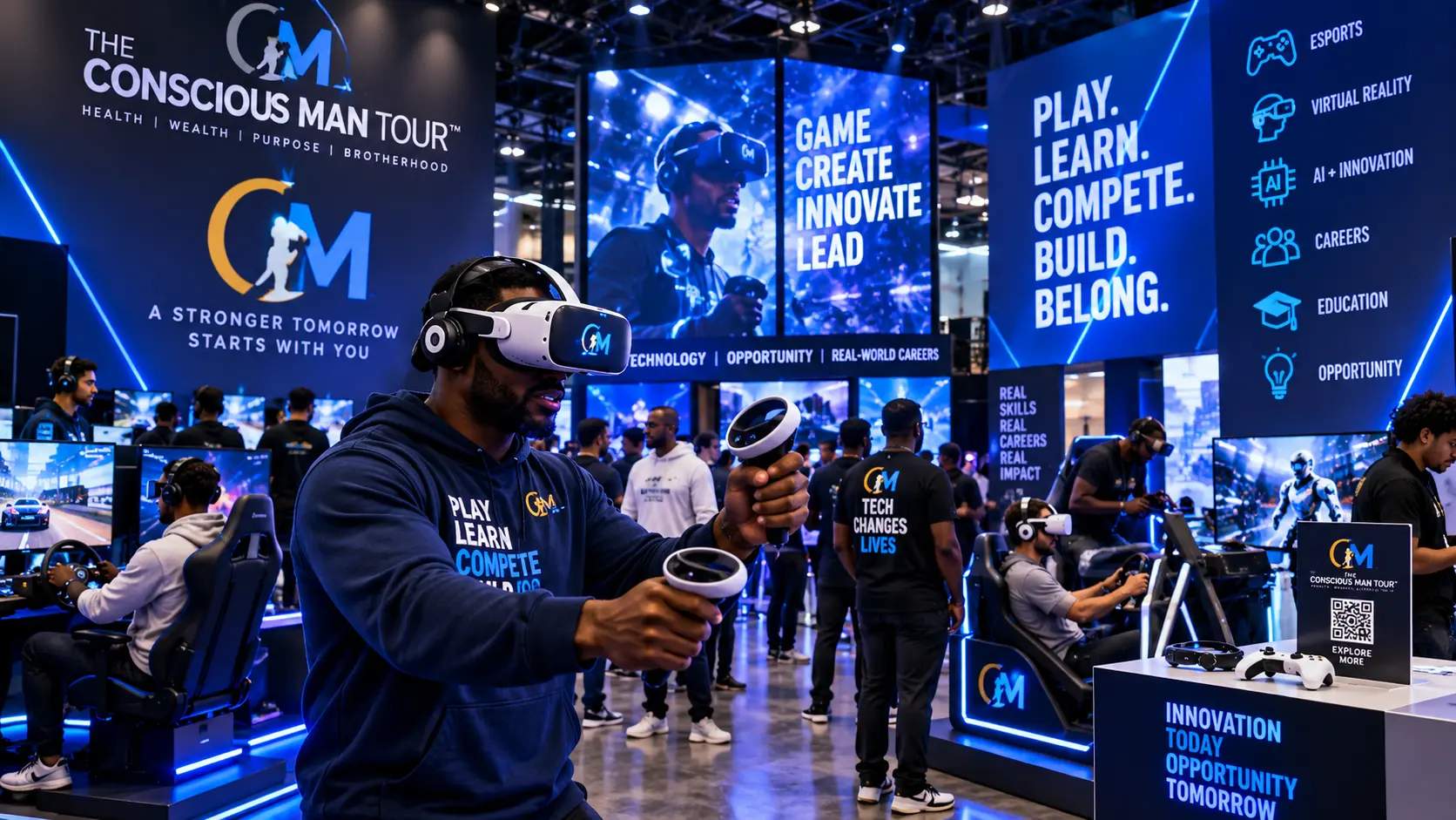 Men trying virtual reality and gaming experiences in the Conscious Man Tour technology zone